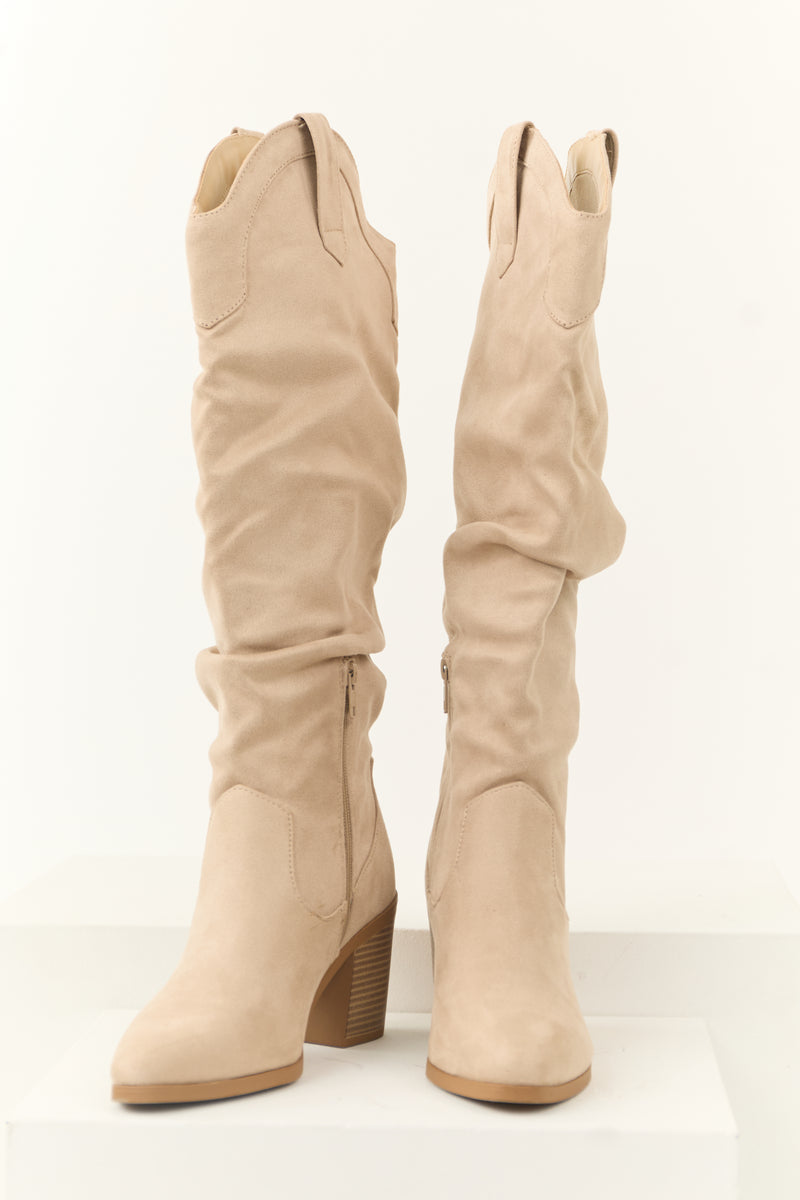 Almond Faux Suede Slouchy Knee High Heeled Boots