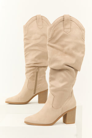 Almond Faux Suede Slouchy Knee High Heeled Boots