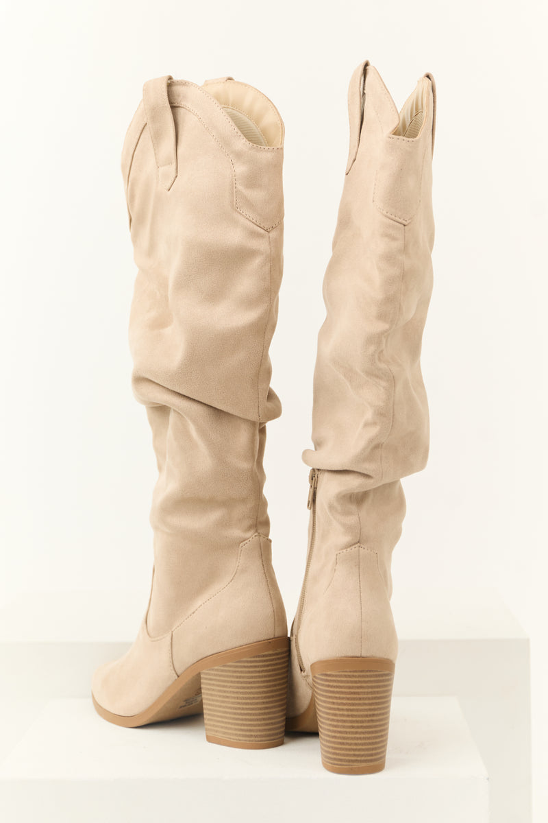 Almond Faux Suede Slouchy Knee High Heeled Boots