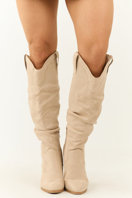 Almond Faux Suede Slouchy Knee High Heeled Boots