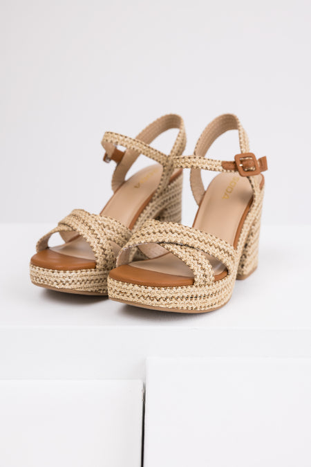 Almond Raffia Woven Open Toed Platform Heels