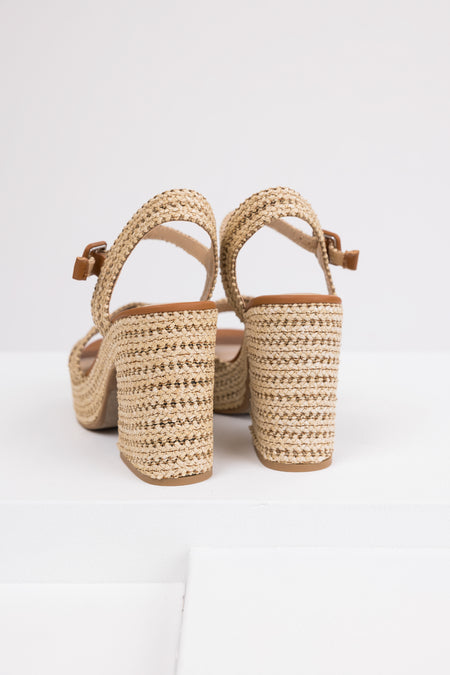 Almond Raffia Woven Open Toed Platform Heels