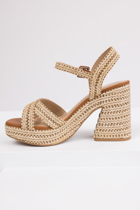 Almond Raffia Woven Open Toed Platform Heels