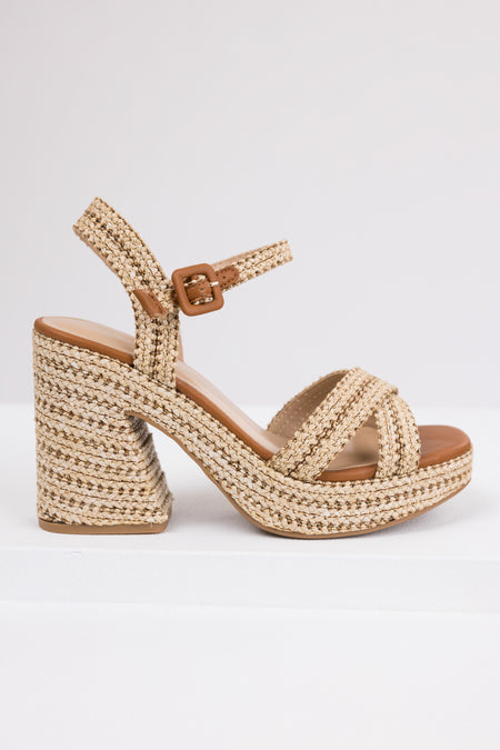 Almond Raffia Woven Open Toed Platform Heels