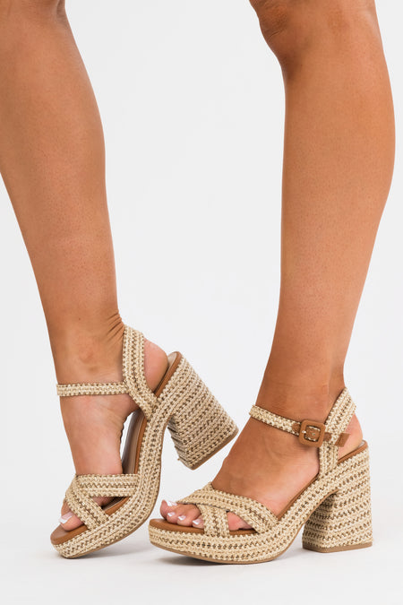 Almond Raffia Woven Open Toed Platform Heels