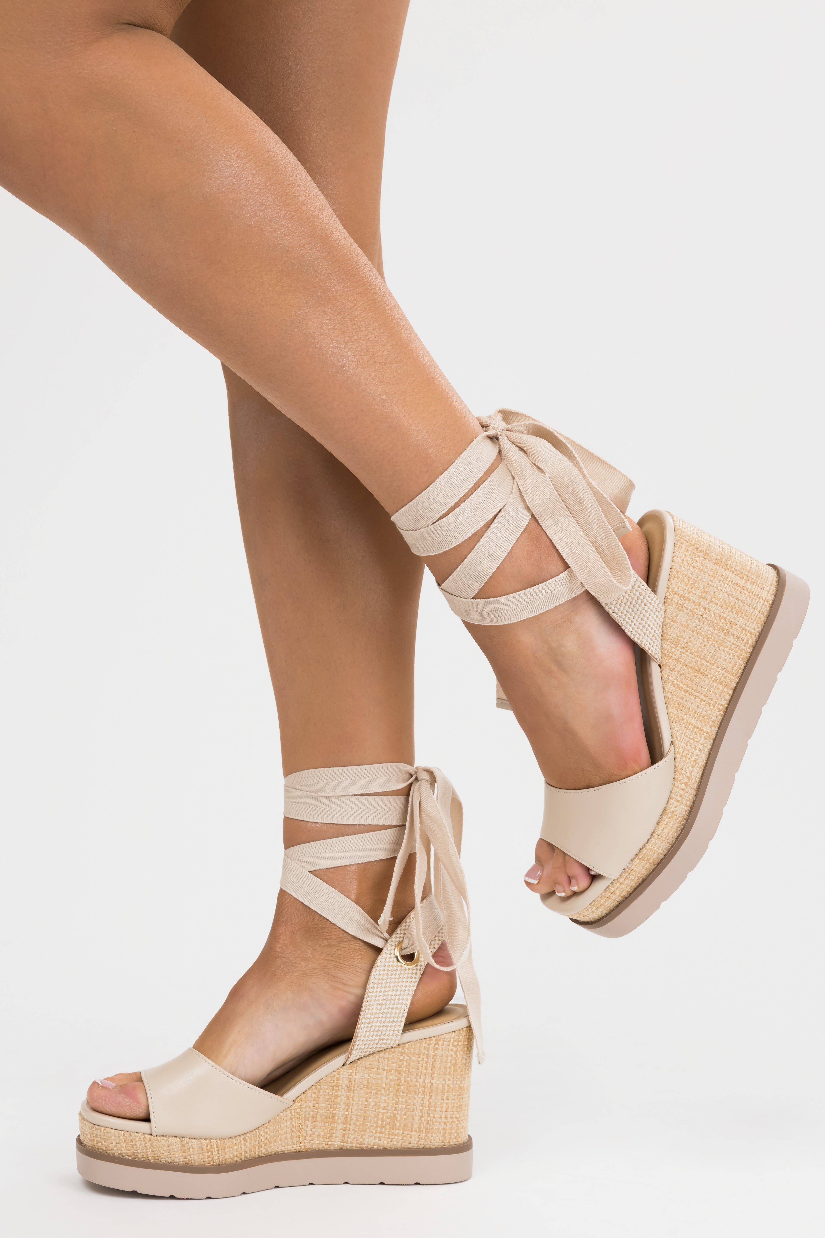 Almond Wrapped Ankle Raffia Platform Wedges