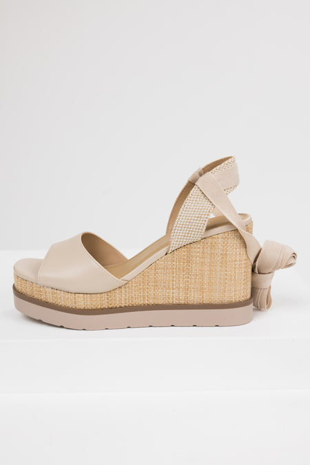 Almond Wrapped Ankle Raffia Platform Wedges