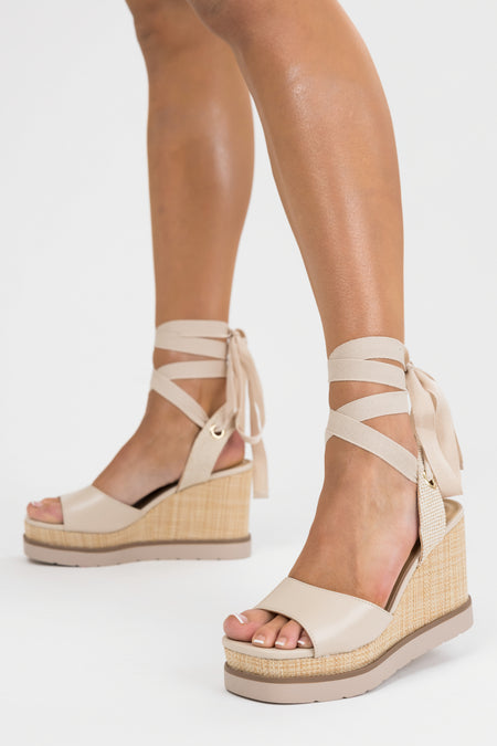 Almond Wrapped Ankle Raffia Platform Wedges