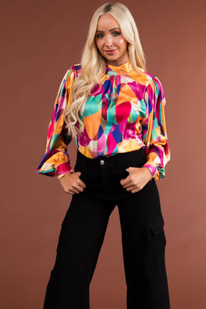 Amber Multicolored Abstract Print Mock Neck Blouse