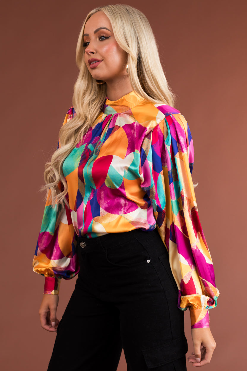 Amber Multicolored Abstract Print Mock Neck Blouse