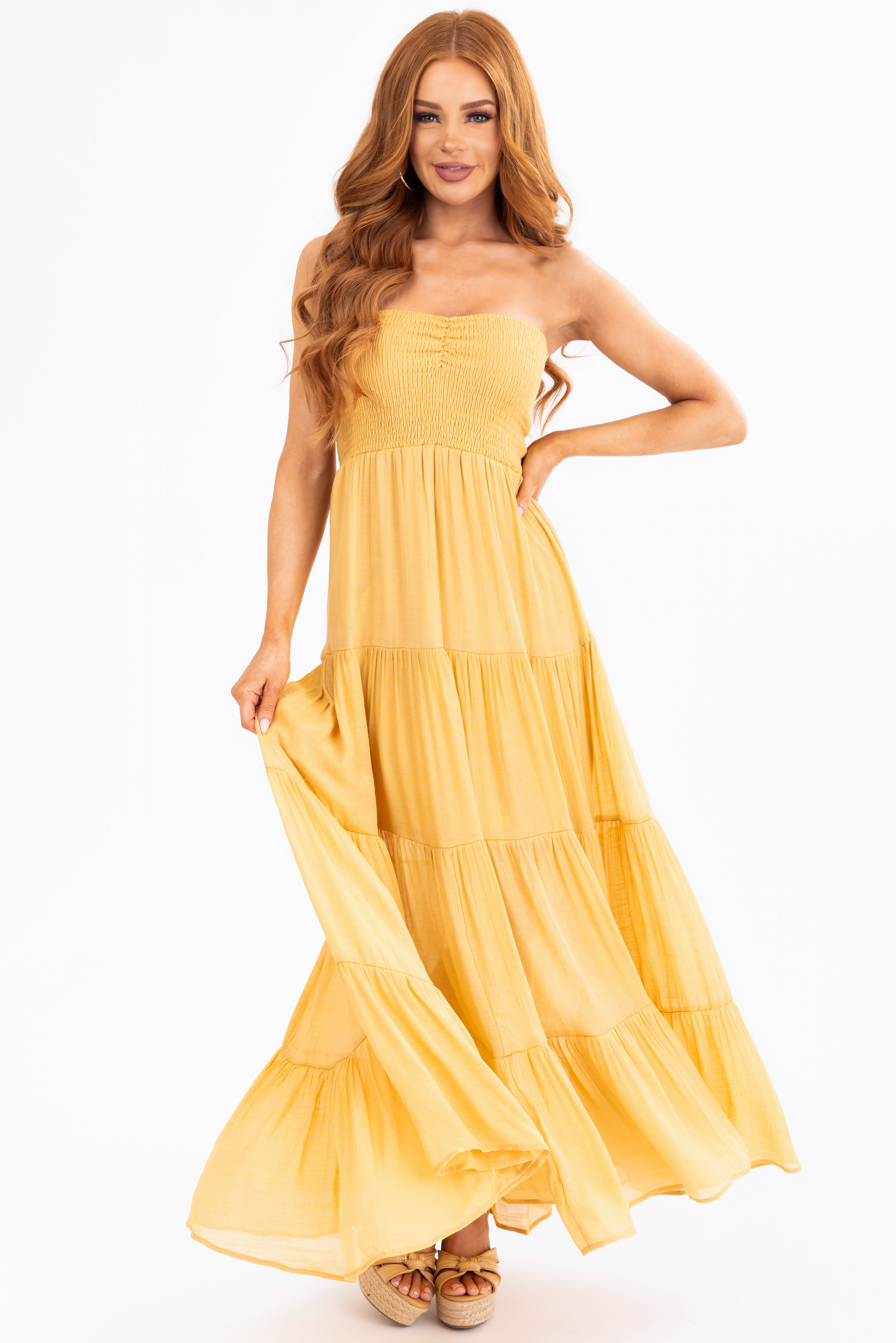 Amber Strapless Smocked Top Tiered Maxi Dress