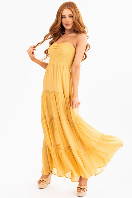 Amber Strapless Smocked Top Tiered Maxi Dress