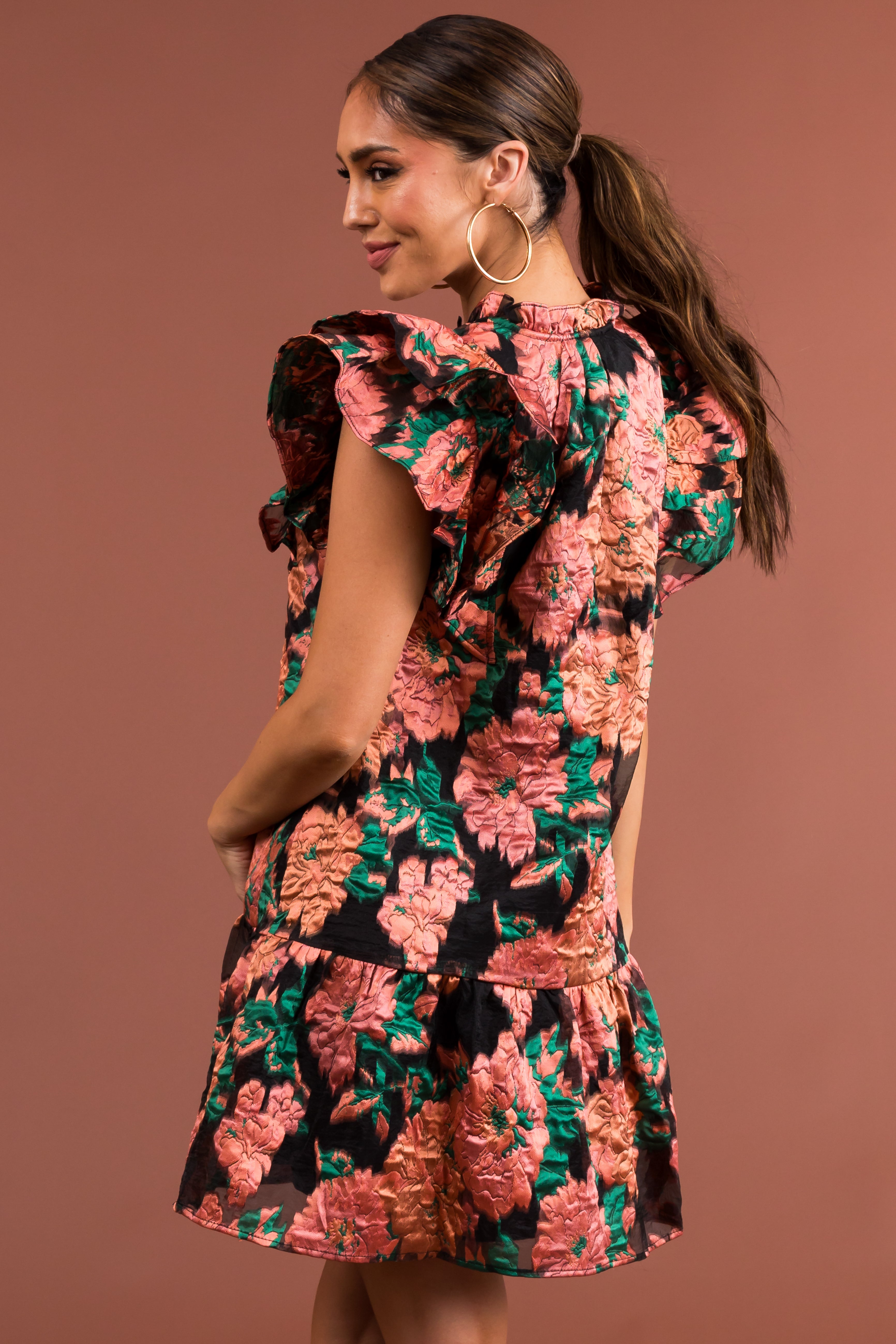 Apricot Floral Print Flutter Sleeve Short Dress