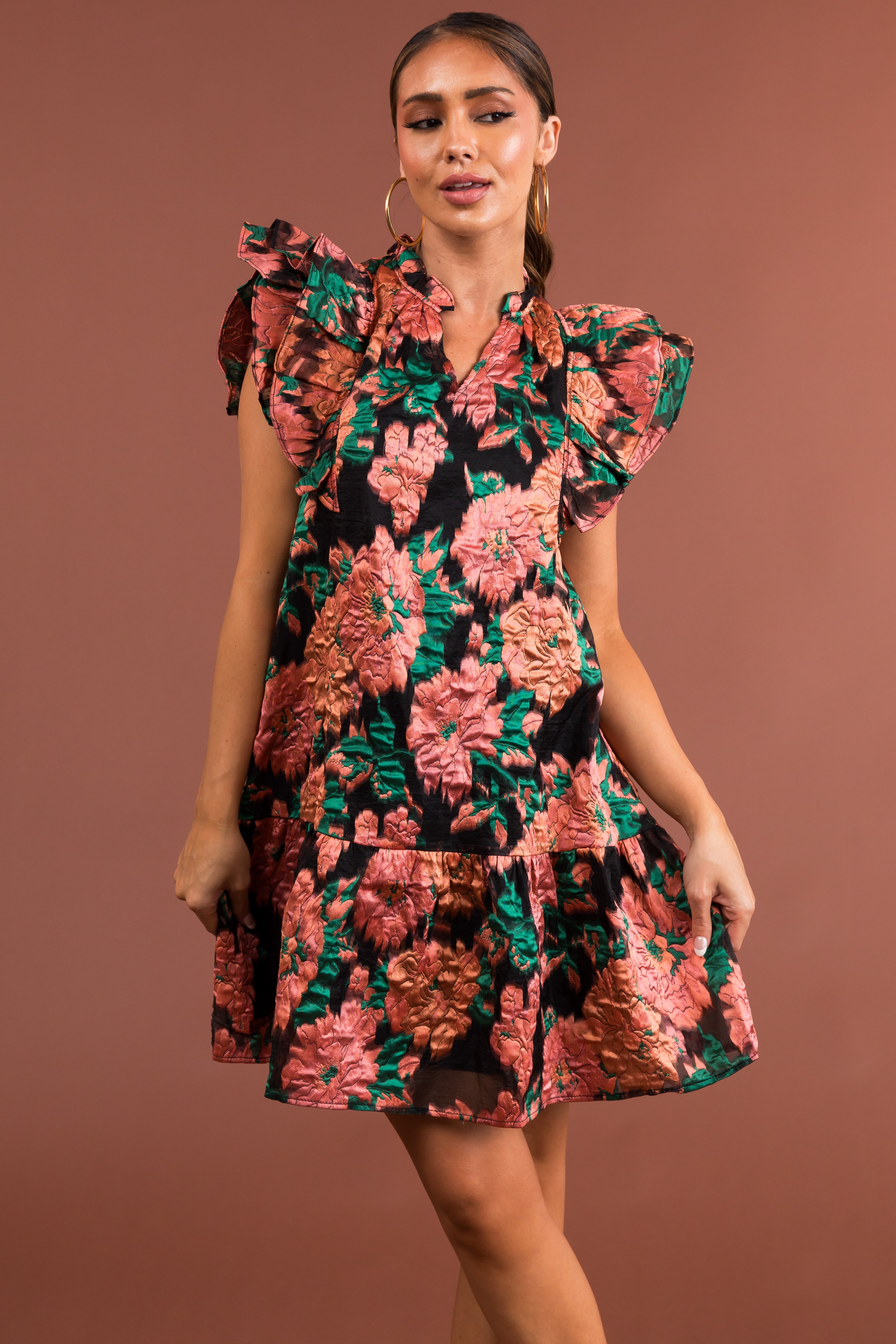 Apricot Floral Print Flutter Sleeve Short Dress