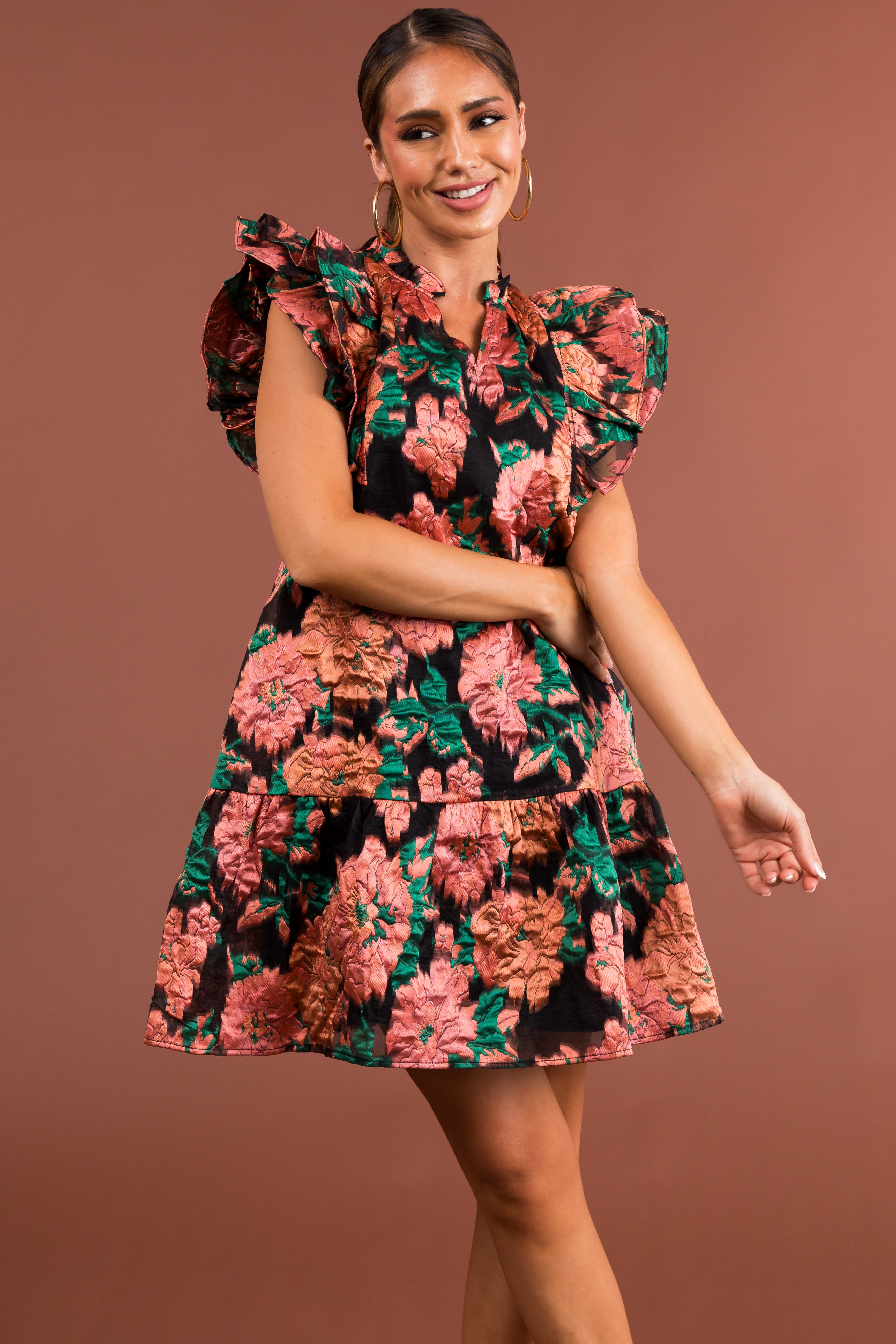 Apricot Floral Print Flutter Sleeve Short Dress