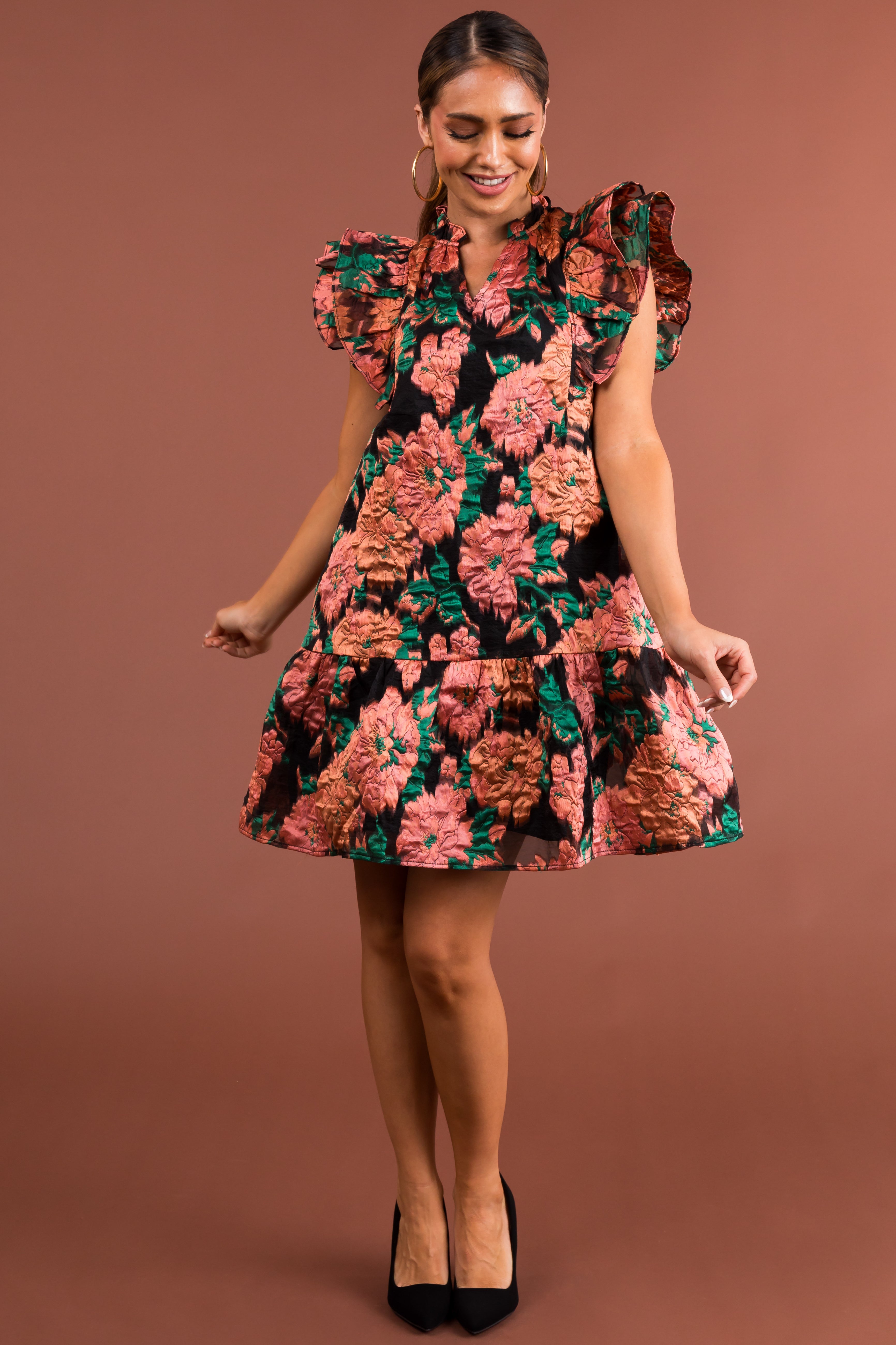 Apricot Floral Print Flutter Sleeve Short Dress