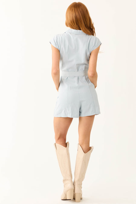 Arctic Blue Collared Zip Up Denim Romper