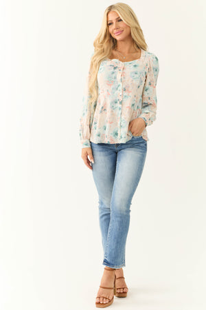 Arctic Blue Floral Print Button Down Top