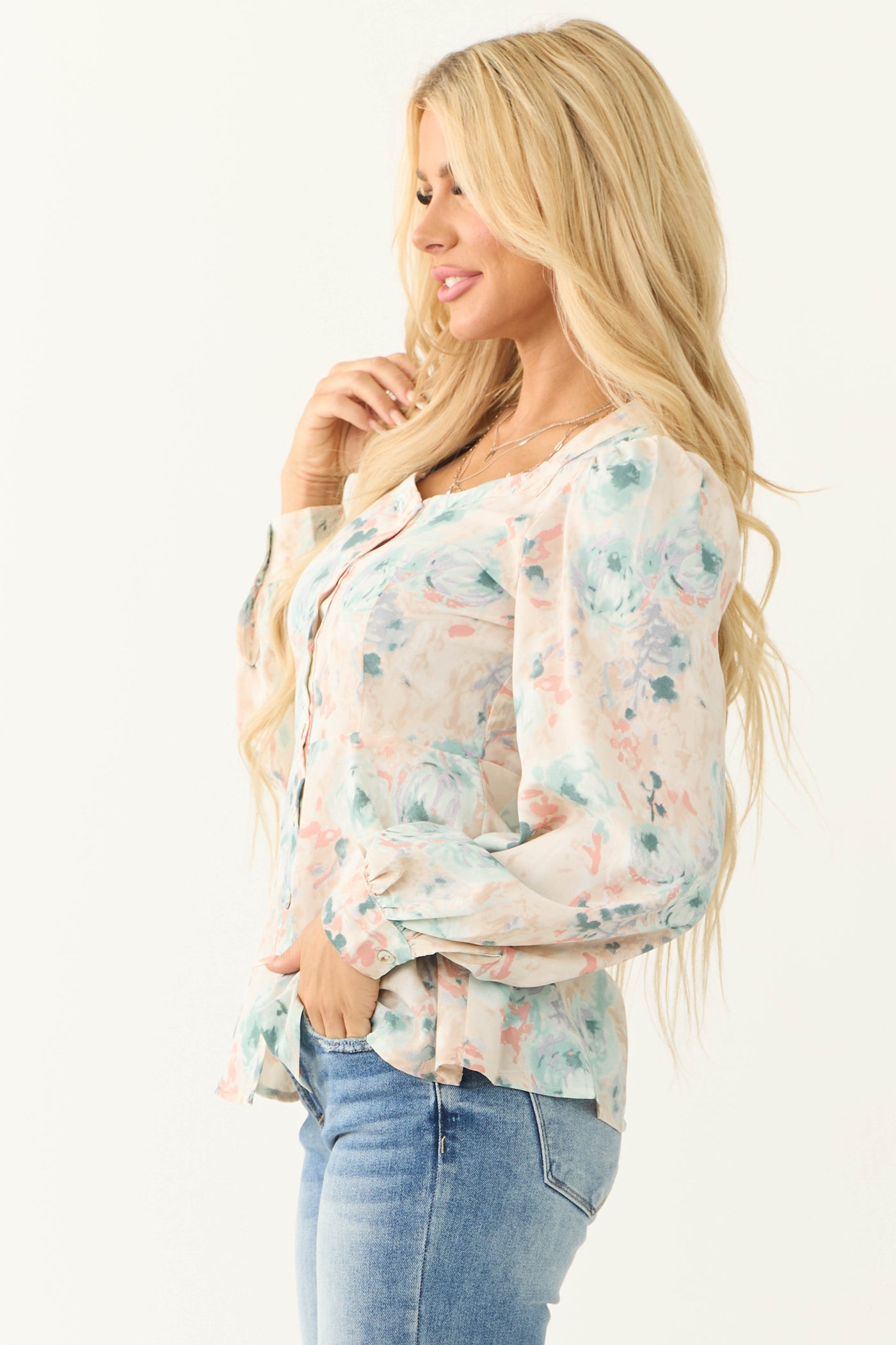 Arctic Blue Floral Print Button Down Top