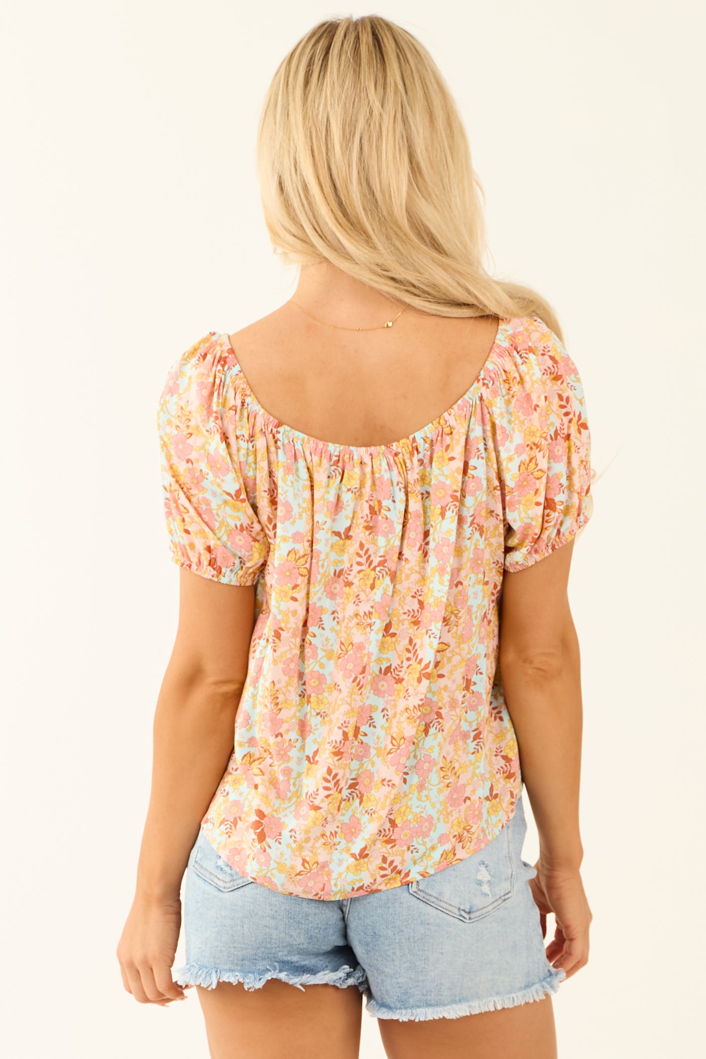 Arctic Blue Floral Print Puff Sleeve Babydoll Top