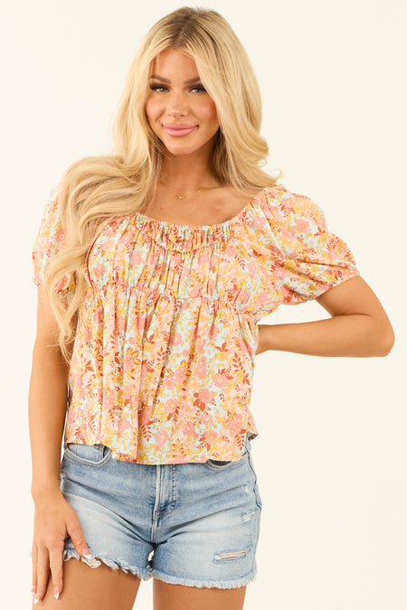 Arctic Blue Floral Print Puff Sleeve Babydoll Top