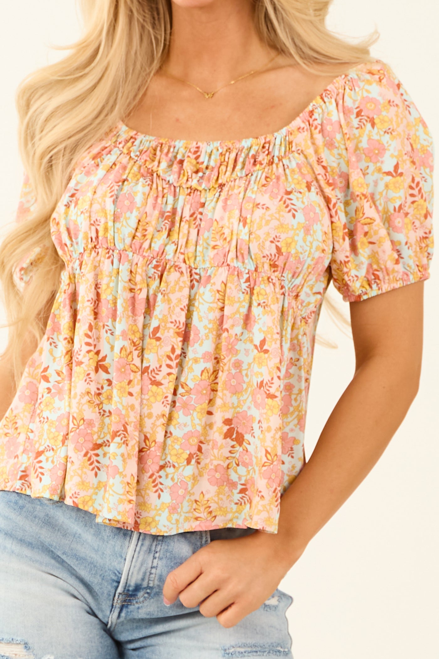 Arctic Blue Floral Print Puff Sleeve Babydoll Top