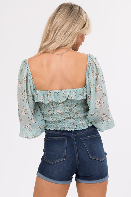 Arctic Blue Floral Print Square Neck Top