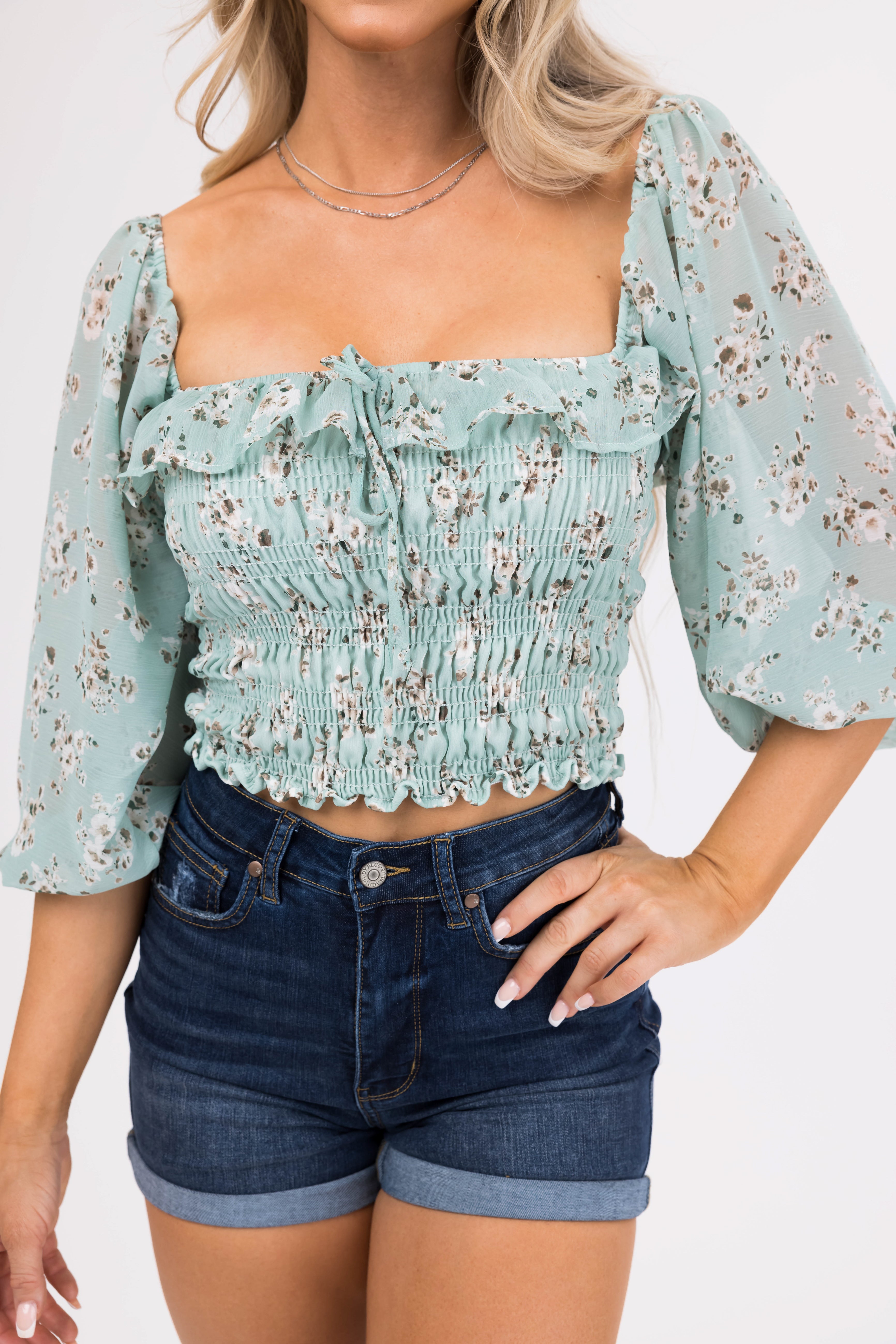 Arctic Blue Floral Print Square Neck Top