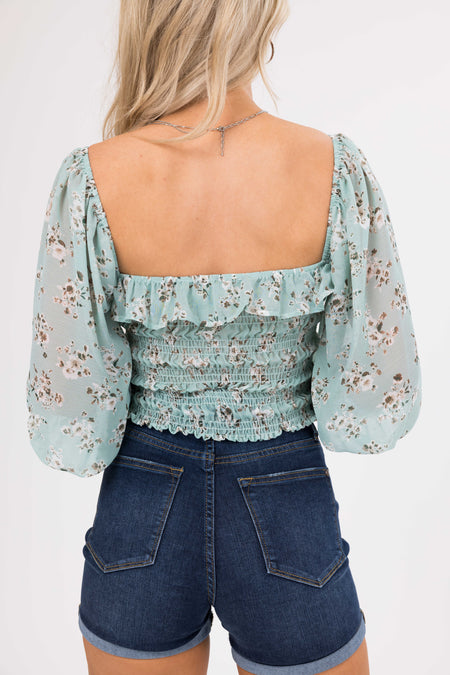 Arctic Blue Floral Print Square Neck Top