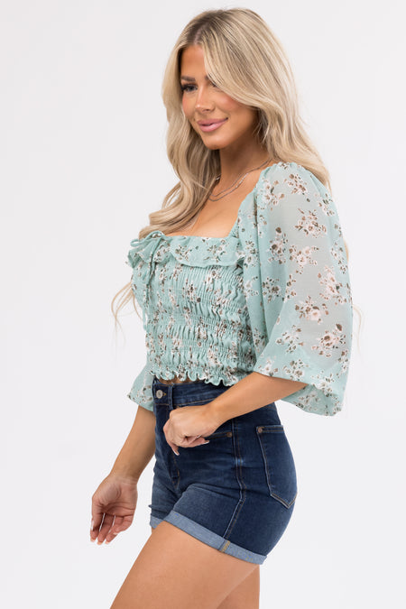 Arctic Blue Floral Print Square Neck Top