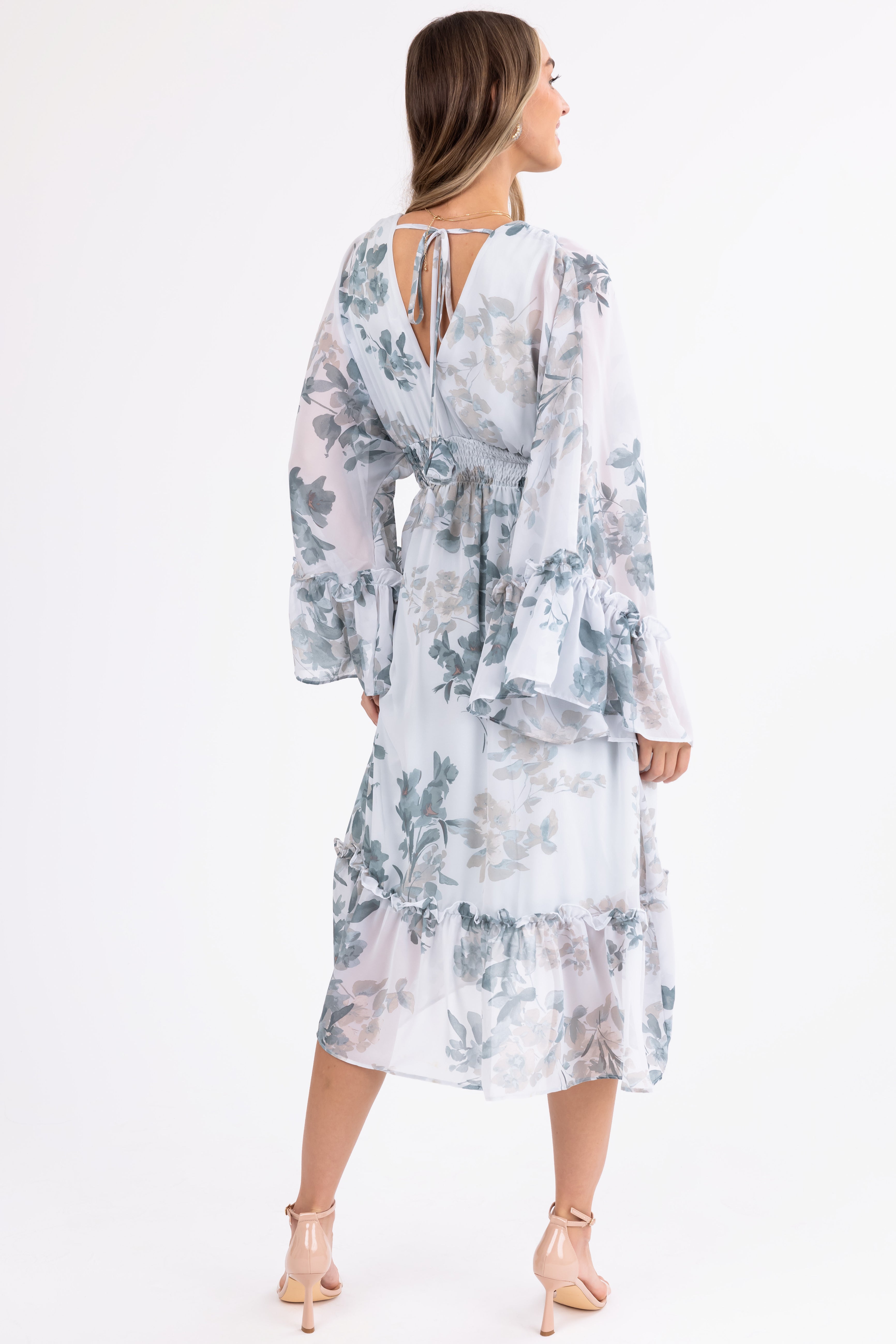 Arctic Blue Floral Print V Neck Midi Dress