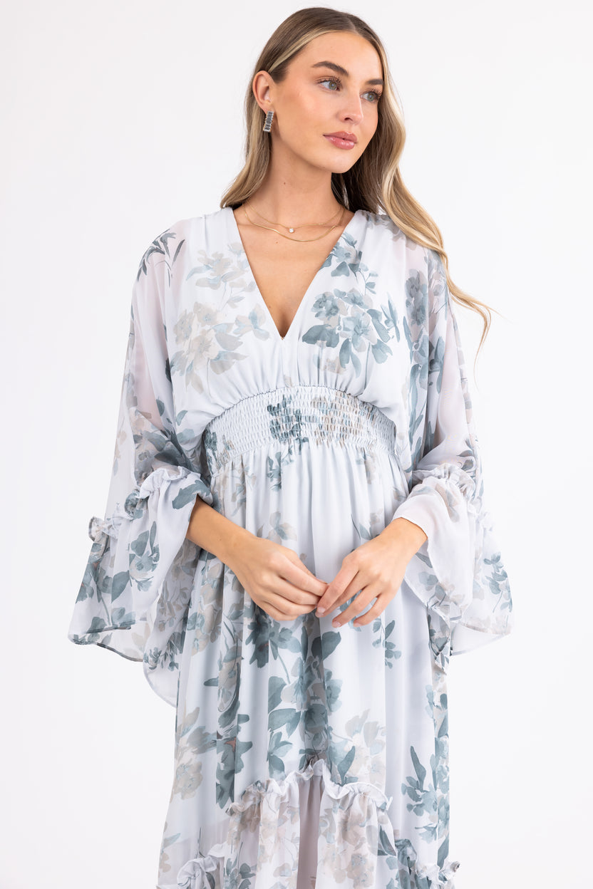 Arctic Blue Floral Print V Neck Midi Dress