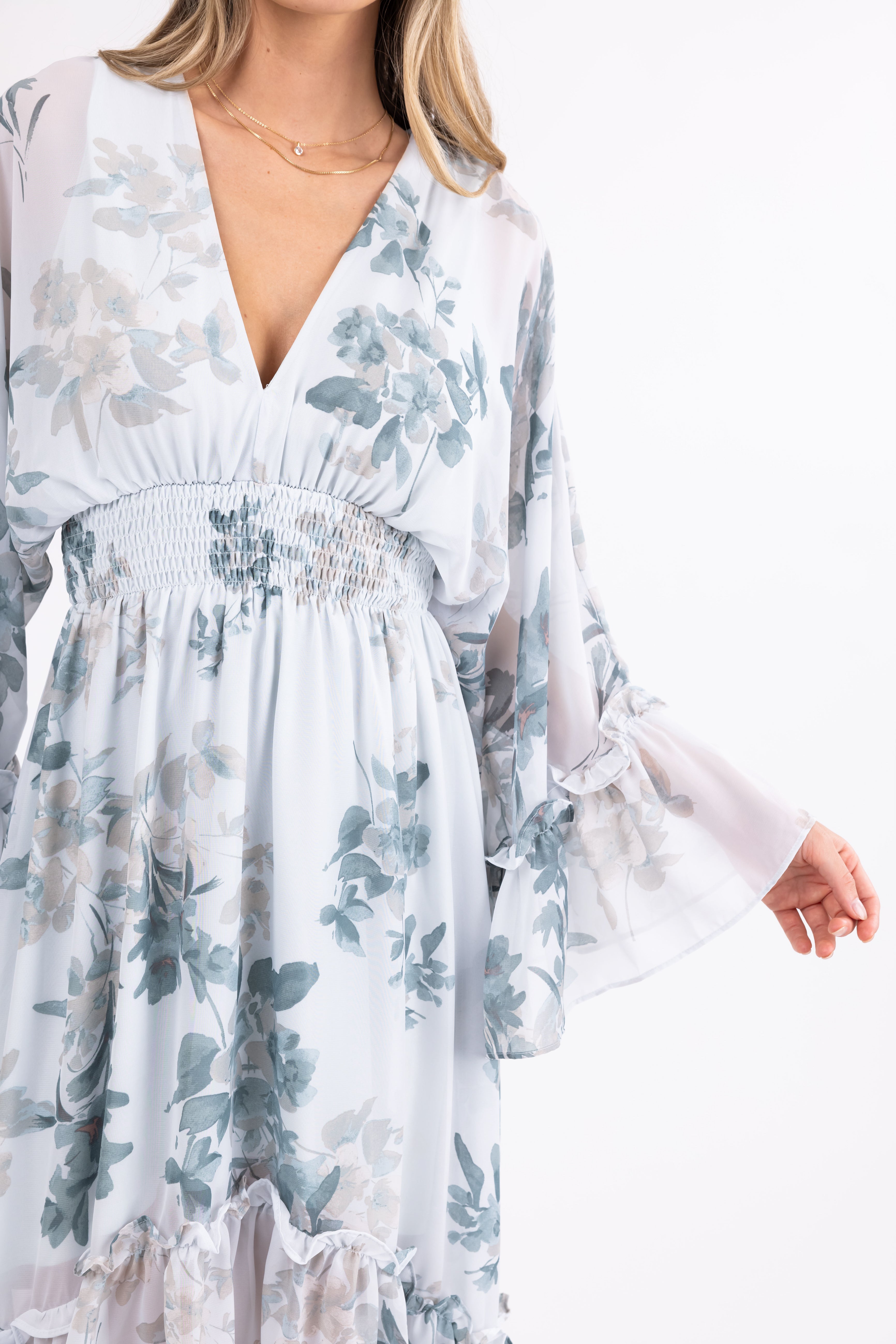 Arctic Blue Floral Print V Neck Midi Dress