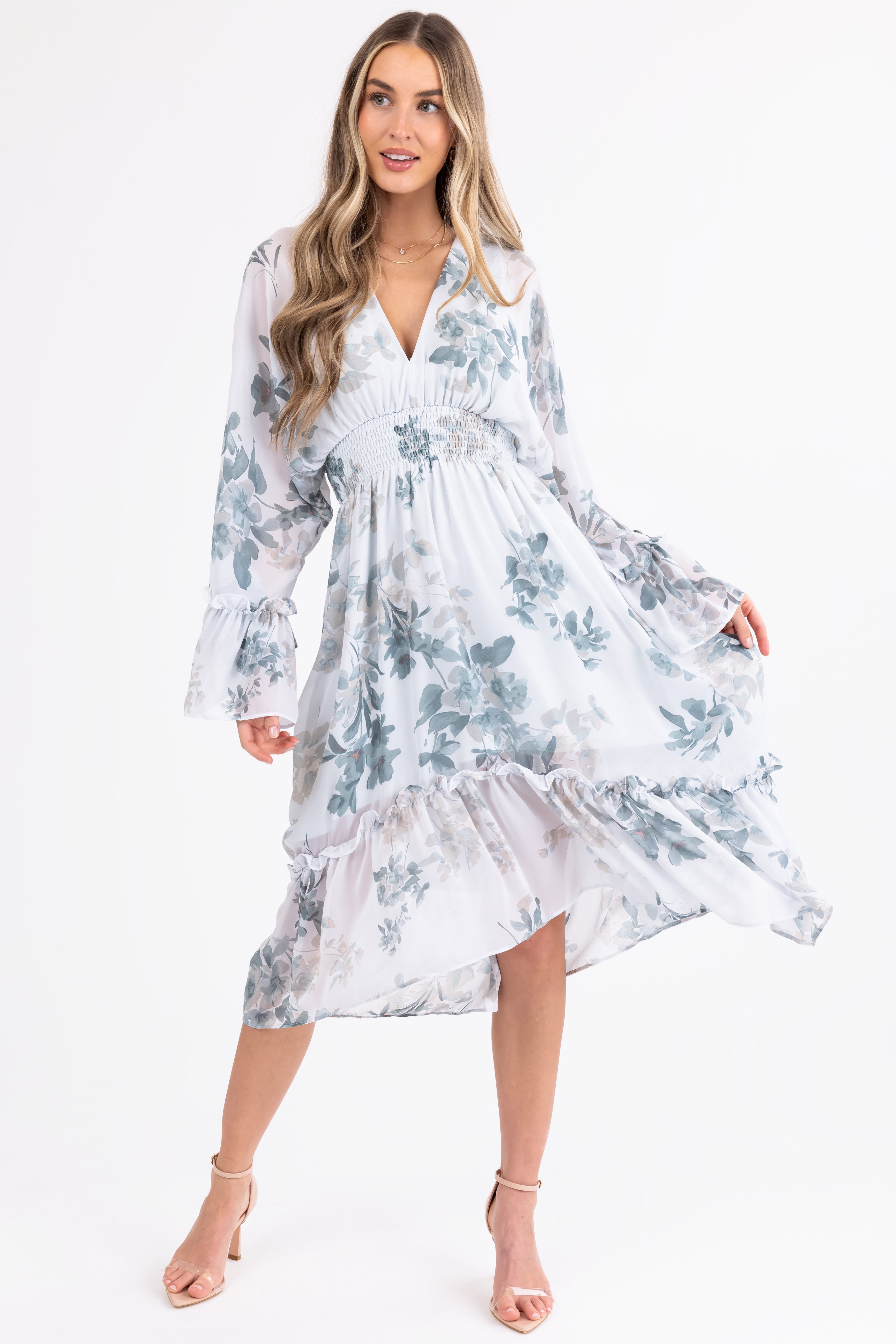 Arctic Blue Floral Print V Neck Midi Dress