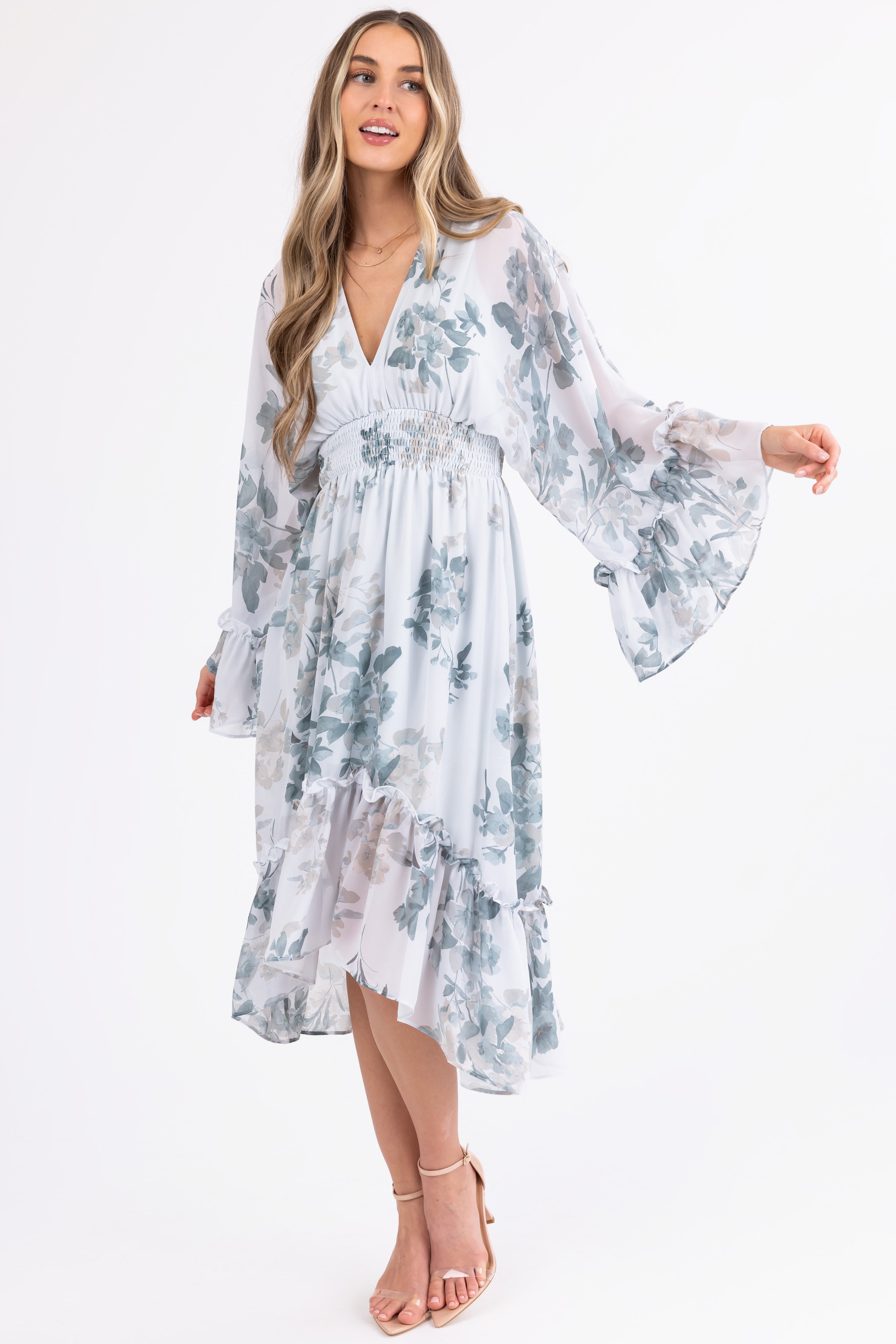 Arctic Blue Floral Print V Neck Midi Dress