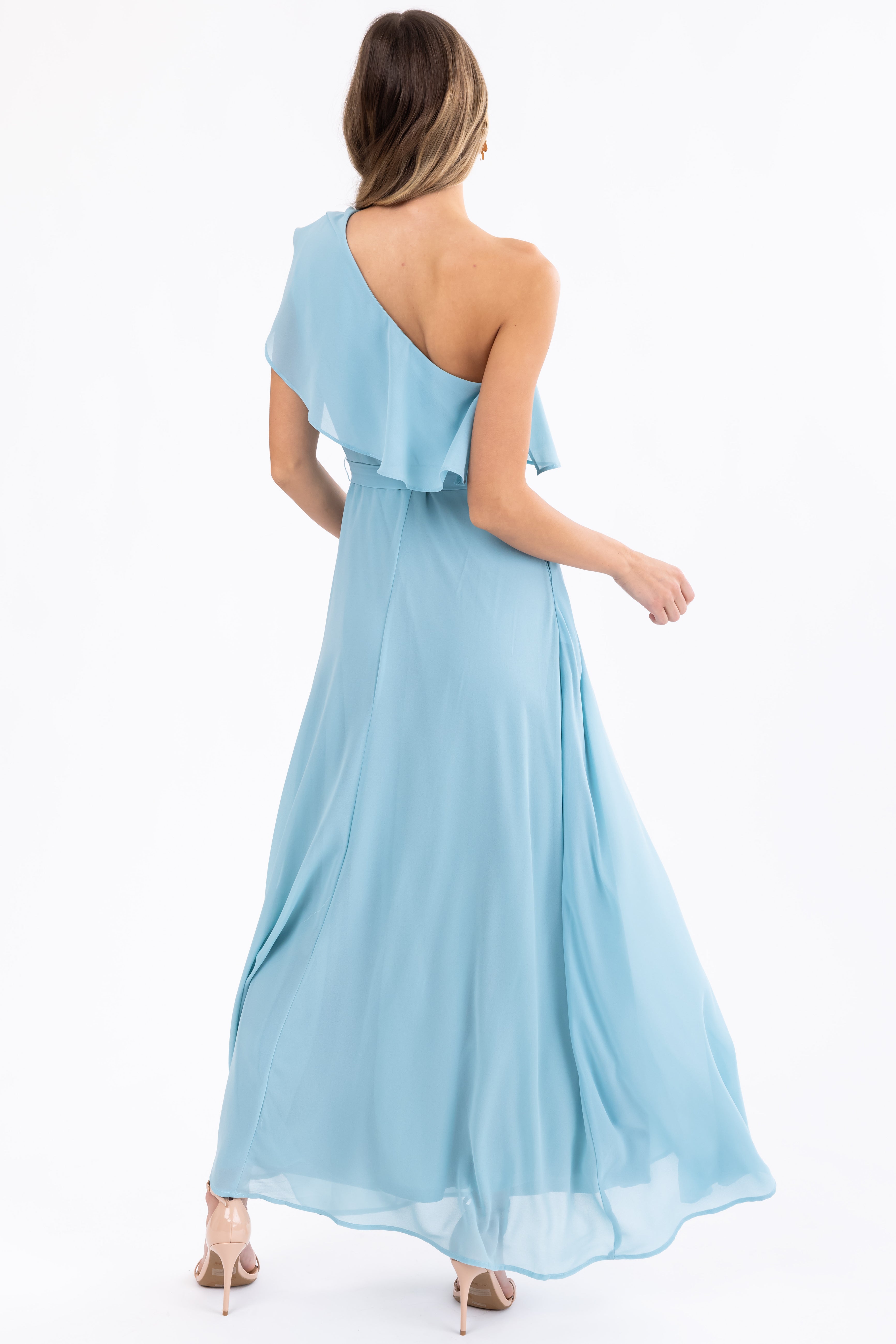 Arctic Blue One Shoulder Ruffle Maxi Dress