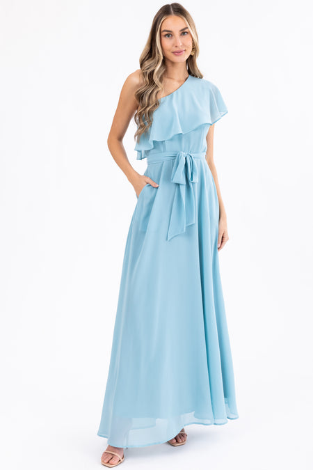 Arctic Blue One Shoulder Ruffle Maxi Dress