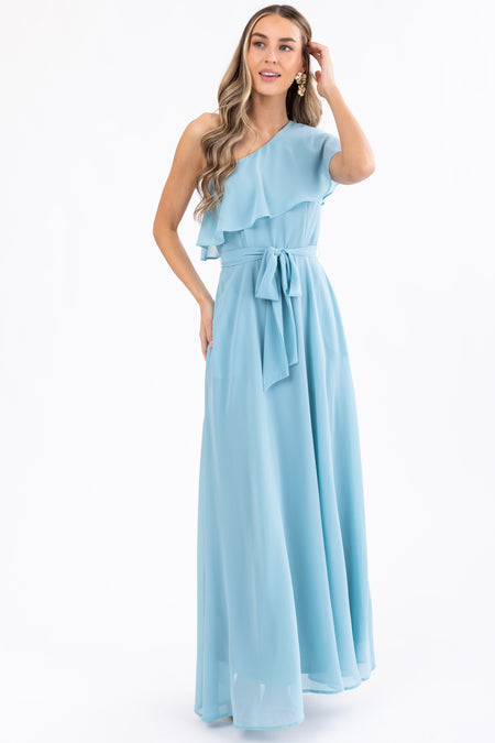 Arctic Blue One Shoulder Ruffle Maxi Dress