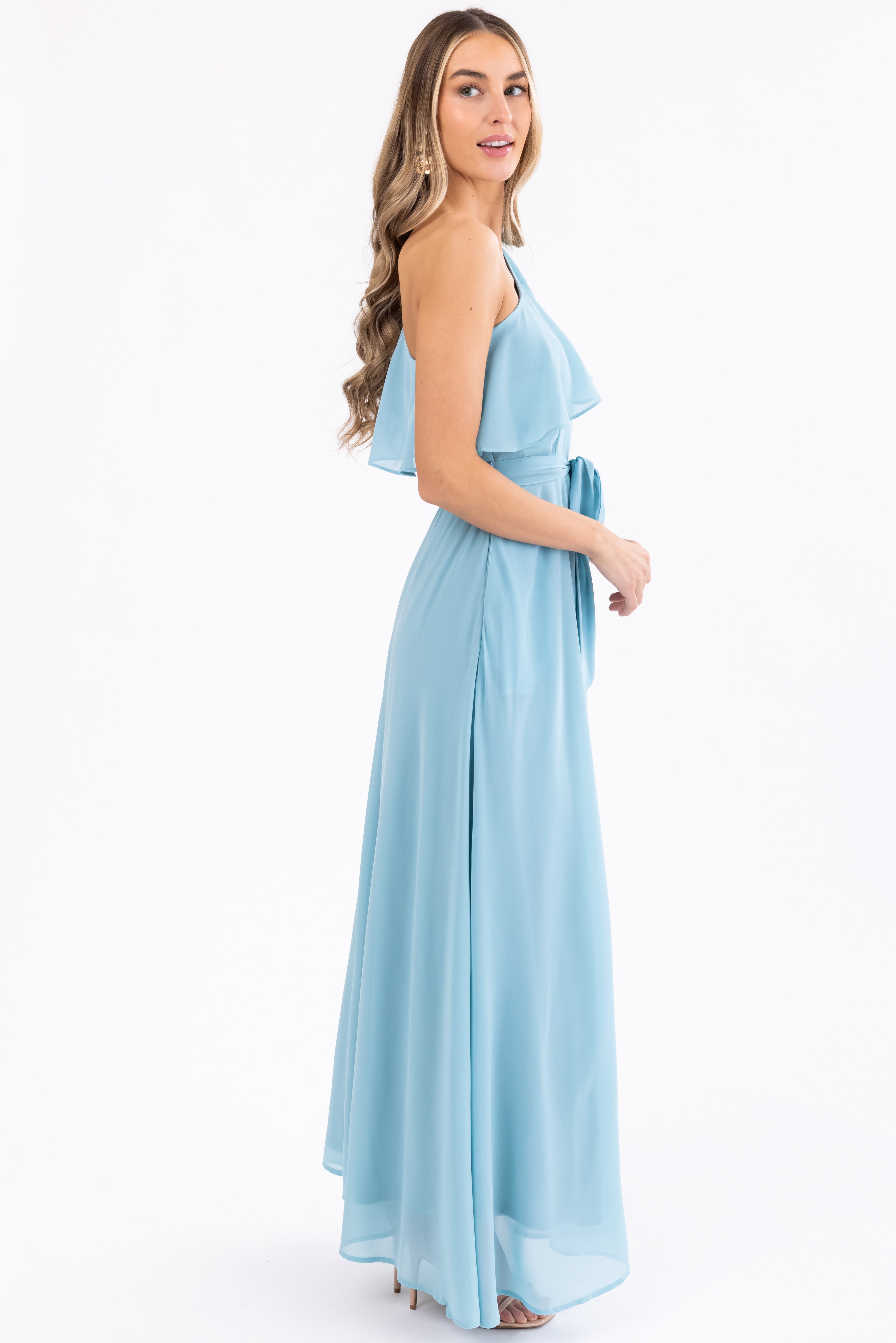 Arctic Blue One Shoulder Ruffle Maxi Dress