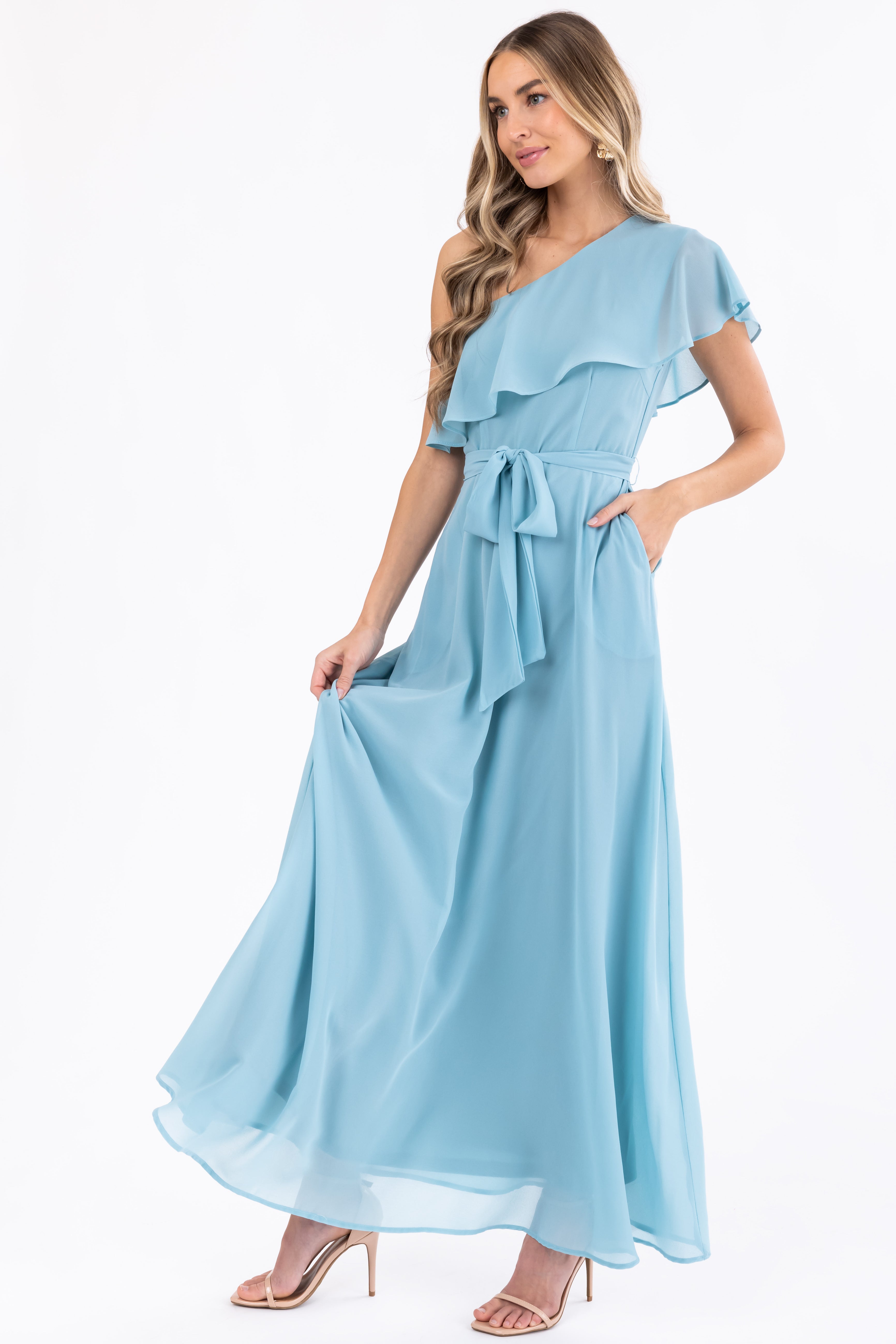 Arctic Blue One Shoulder Ruffle Maxi Dress