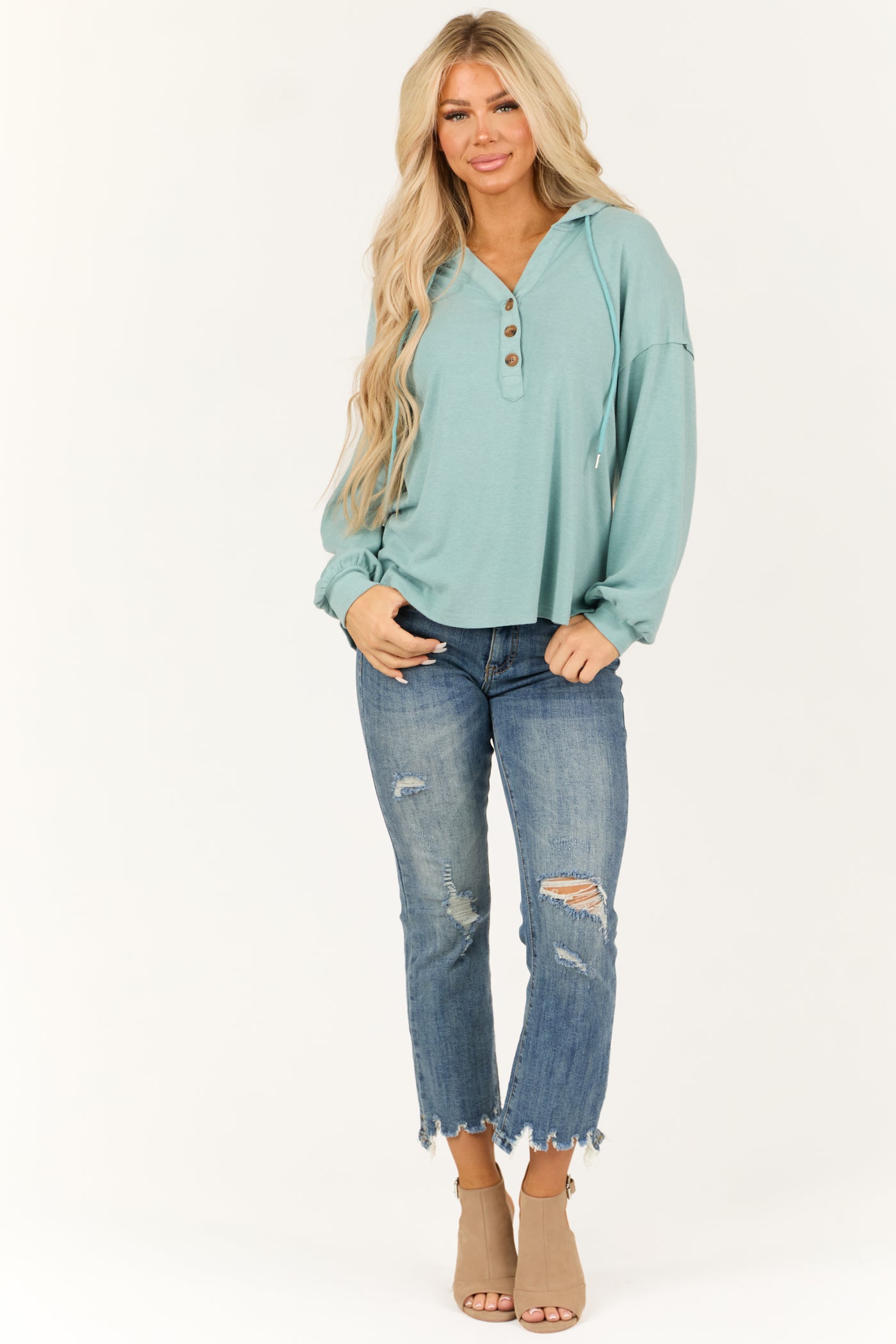 Arctic Blue Oversized Long Sleeve Hooded Shirt