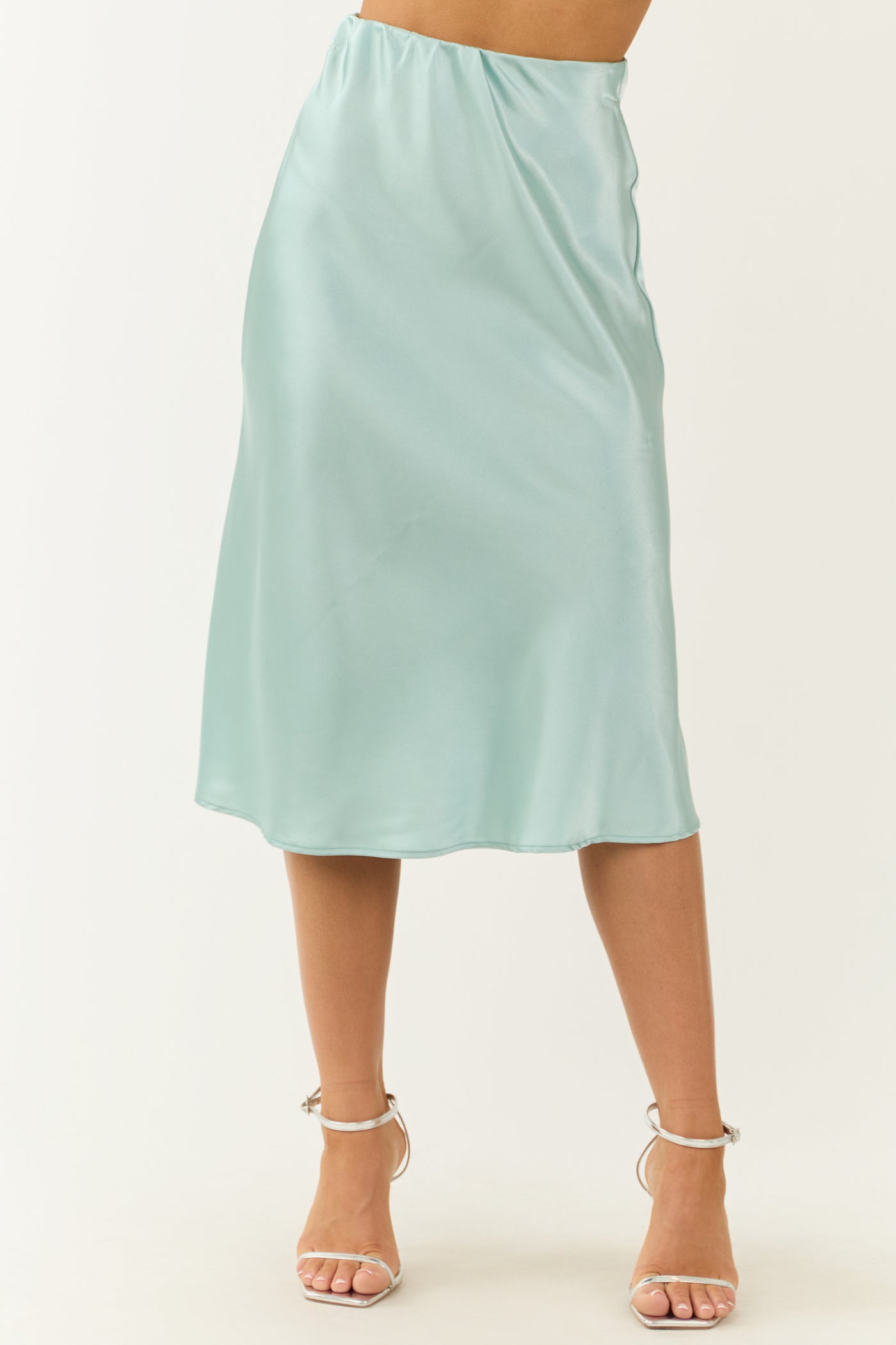 Arctic Blue Satin Flare Solid Midi Skirt