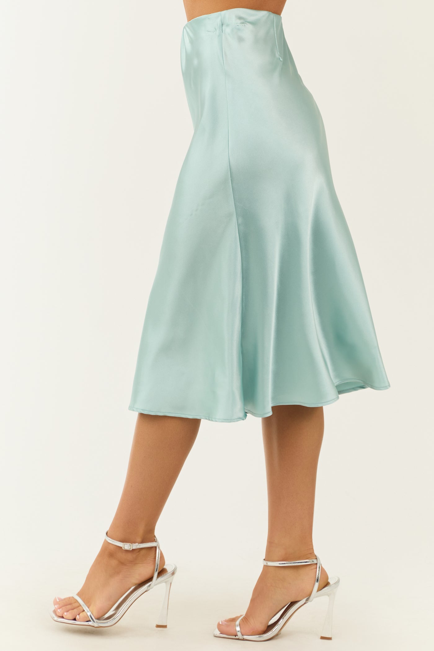 Arctic Blue Satin Flare Solid Midi Skirt