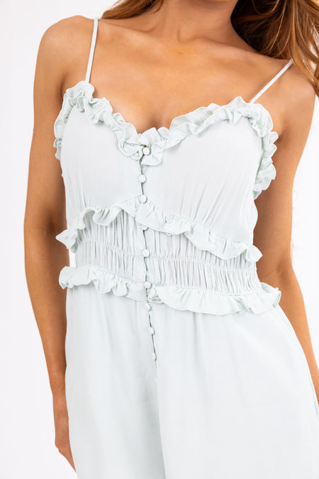 Arctic Blue Tiered Ruffle Ruched Romper