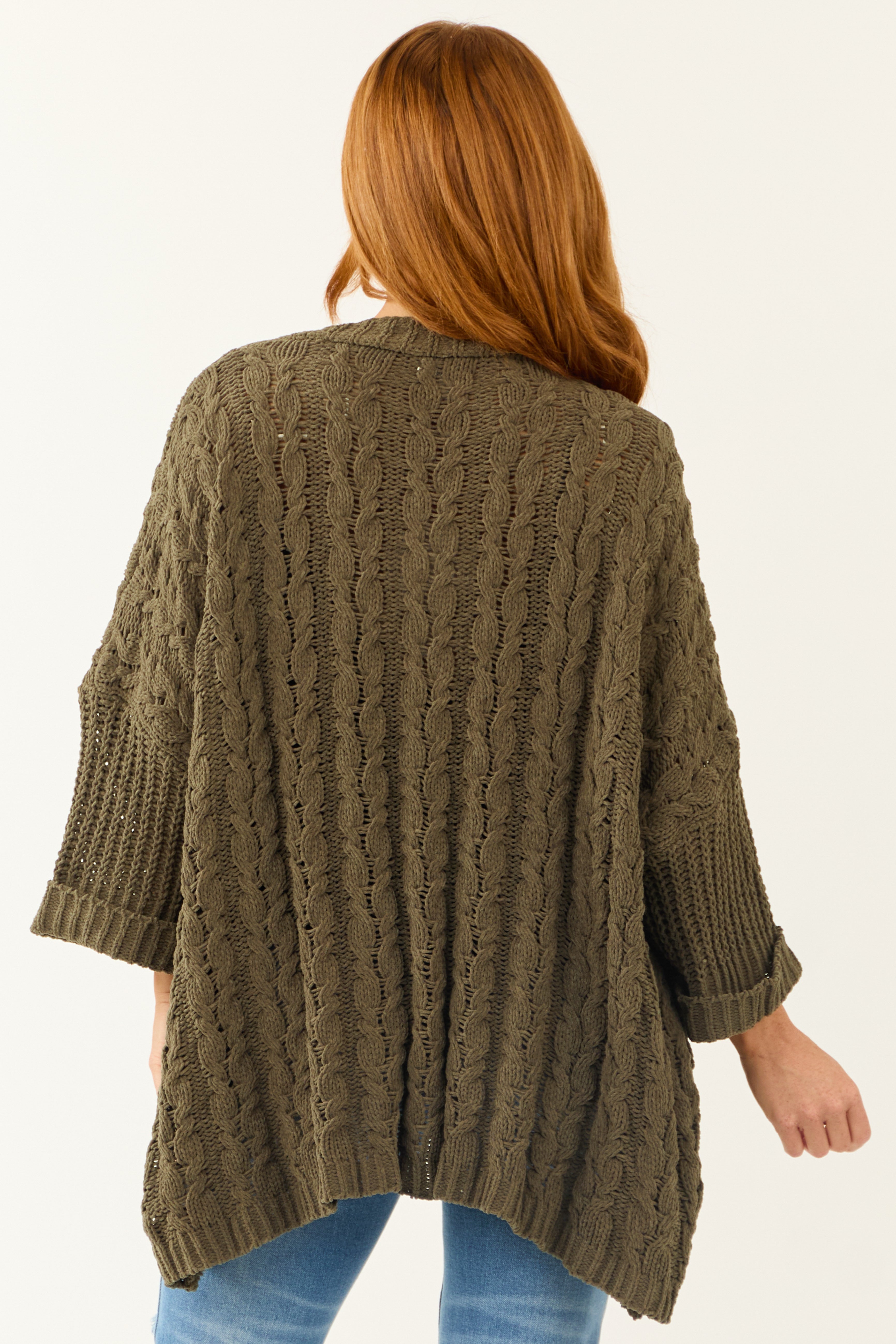 Army Green Cable Knit 3/4 Sleeve Cardigan