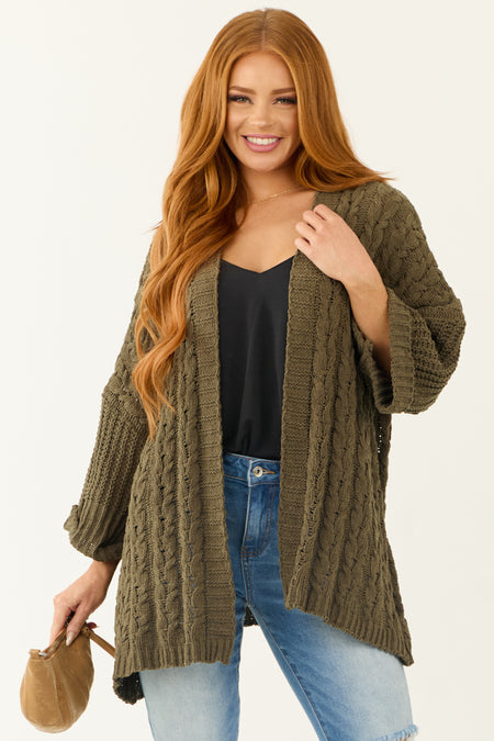 Army Green Cable Knit 3/4 Sleeve Cardigan