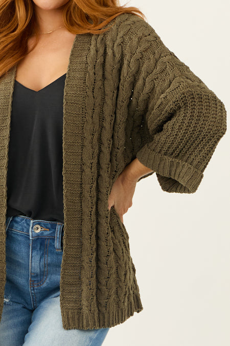 Army Green Cable Knit 3/4 Sleeve Cardigan