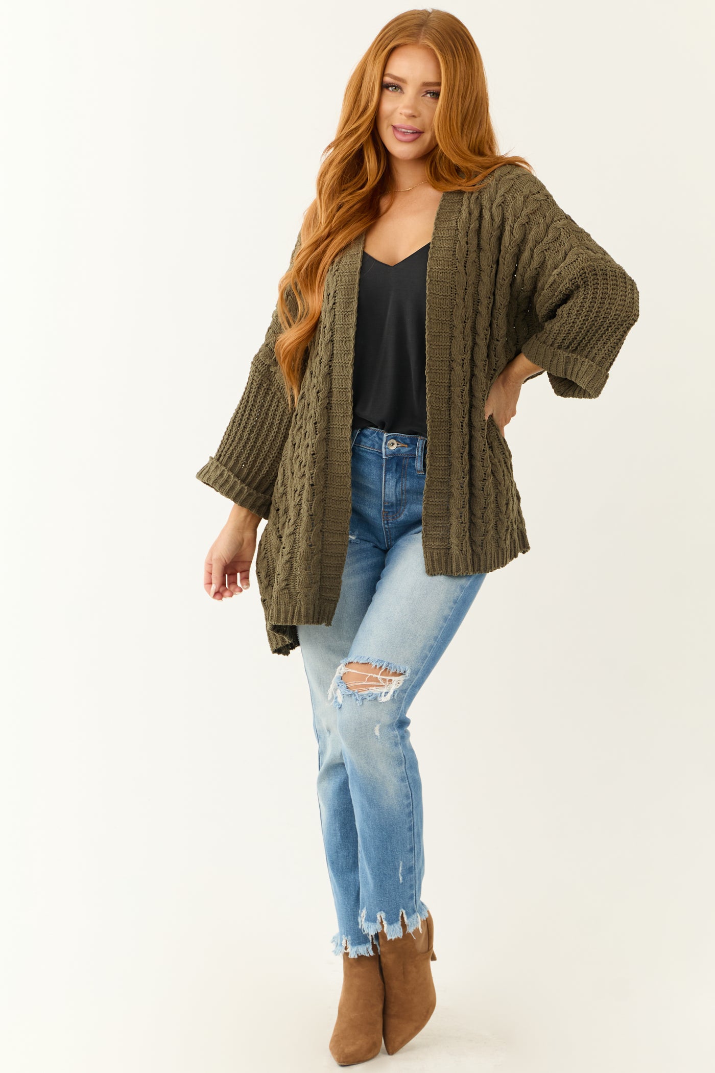 Army Green Cable Knit 3/4 Sleeve Cardigan