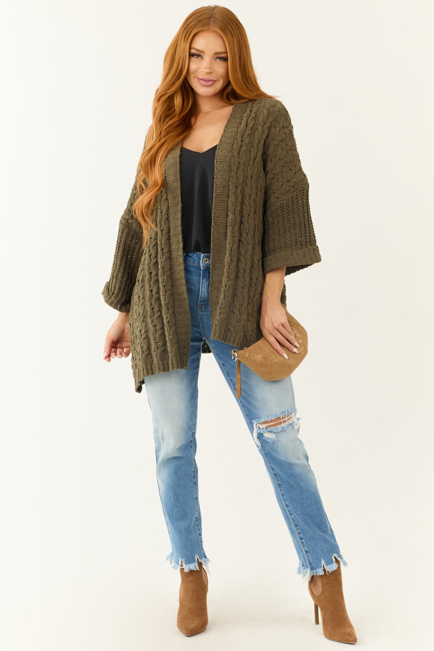 Army Green Cable Knit 3/4 Sleeve Cardigan