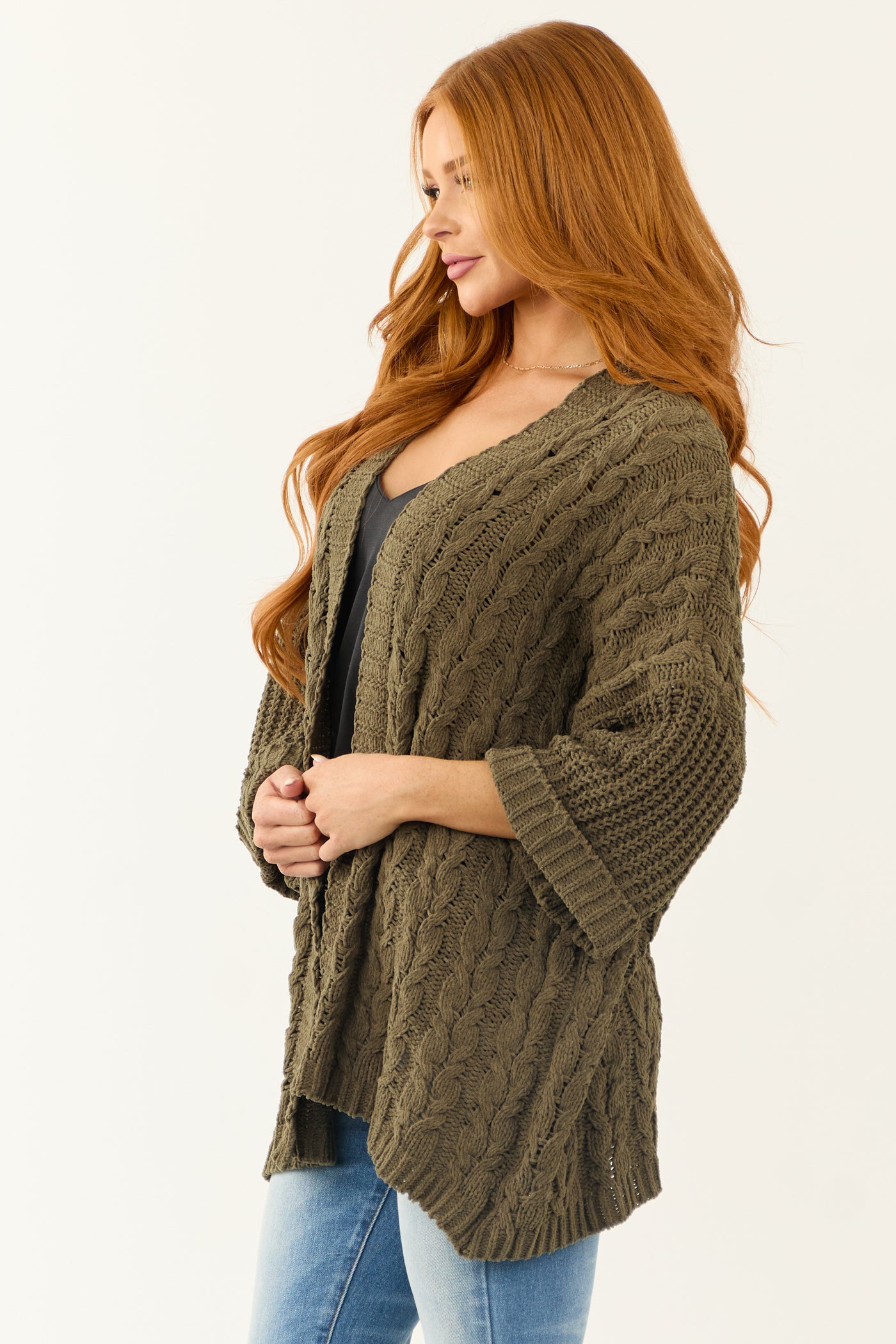 Army Green Cable Knit 3/4 Sleeve Cardigan